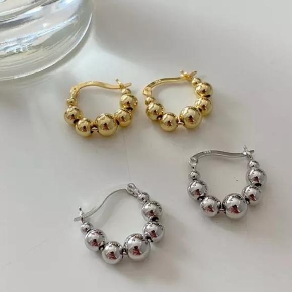 NEW 925 STERLING SILVER ROUND BEADS HOOP EARRINGS, NICE EARRINGS, CUTE EARRINGS - Picture 4 of 5